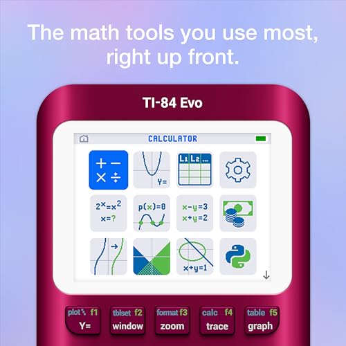 Image of TI-84 Evo Graphing Calculator Texas Instruments, Raspberry | Intuitive Icon-based Homescreen, USB-C Charging, Python Programming, Faster Performance, Bigger Graphs than TI-84 Plus CE