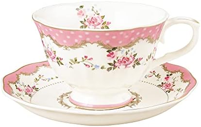 fanquare English Floral Tea Cup, Pink Porcelain Coffee Cup, 7oz Flower Tea Cup and Saucer, Elegant Big Tea Cup
