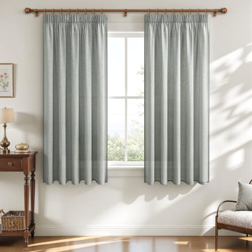 MRTREES Cortinas Lino Cortas Translucidas para Ventanas Cocina Dormitorio Salon Comedor Modernas 140x145 cm, Cortinas de Casa Cortinas y Visillos con Cinta Fruncidora 2 Piezas, Verde Grisáceo