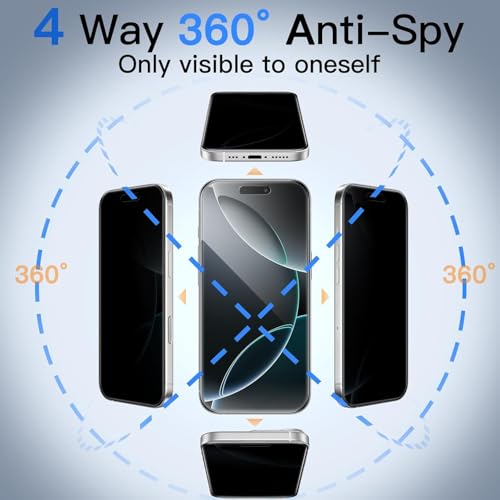 Image of Skinomi 4 Way 360 Privacy Glass Screen Protector for iPhone 17 / iPhone 16 pro [2 Pack], Horizontal and Vertical Anti Spy Tempered Glass Screen Film -(Easy Installation Frame)