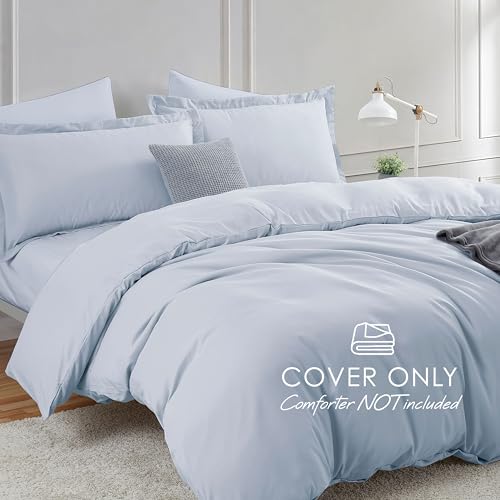 Image of Hearth & Harbor Ice Blue Duvet Cover with Fitted Sheet Twin Size | 3 Piece Soft Double Brushed Bedding Set, Button Closure, 1 Duvet Cover 68x90 Inches, 1 Fitted Sheet, 1 Pillow Sham