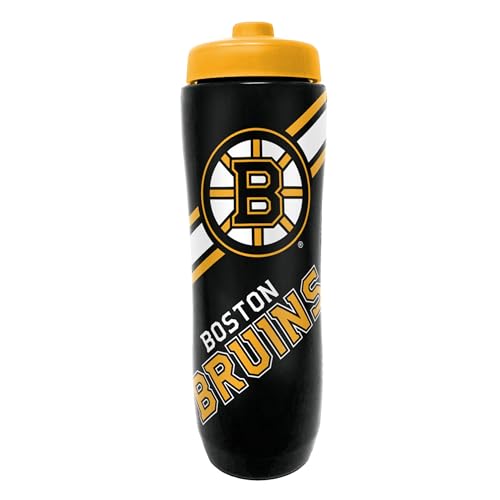 Party Animal NHL Hockey Squeeze Bottle, 32 oz BPA-Free Sports Water Bottle with Quick Flow for Kids & Adults, Boston Bruins