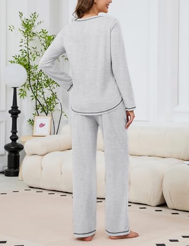 Image of KCW Womens Pajamas Sets 100% Cotton 2 Piece Lounge Set Long Sleeve Tops and Pants Soft Pjs Sleepwear with Pockets