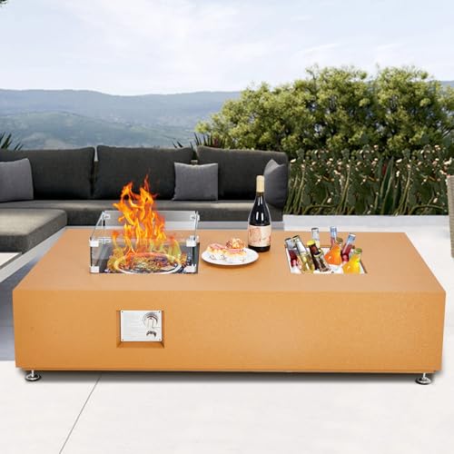 56 Inch Outdoor Propane Fire Pit Table,50000BTU Fire Table with 13" Square Drink Ice Bucket Wind Guard, Fire Glass Beads & CSA Safety Certified Outdoor Firepit for Outside Patio Yard Garden, Yellow