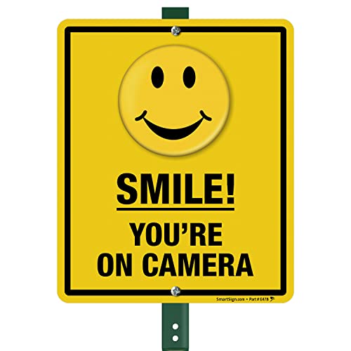 SmartSign 12 x 10 inch “Smile - You're On Camera” Yard Sign with 3 foot Stake, 40 mil Aluminum 3M Laminated Engineer Grade Reflective Material, Black and Yellow, Set of 1