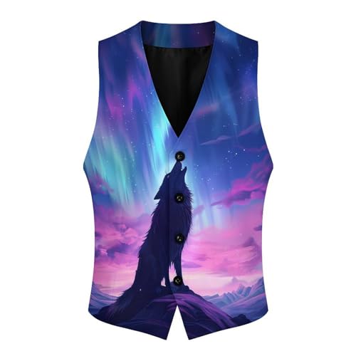 Northern Lights Wolf Men's Suit Vests Business Formal Dress V-Neck Waistcoat Tops with 2 Pockets4