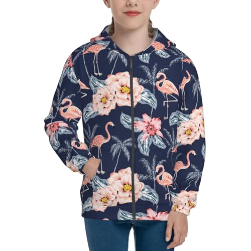 Flamingo and Palm Trees Kid Hoodies Boys Zip Up Sweatshirts Girls Pullover with Pocket3