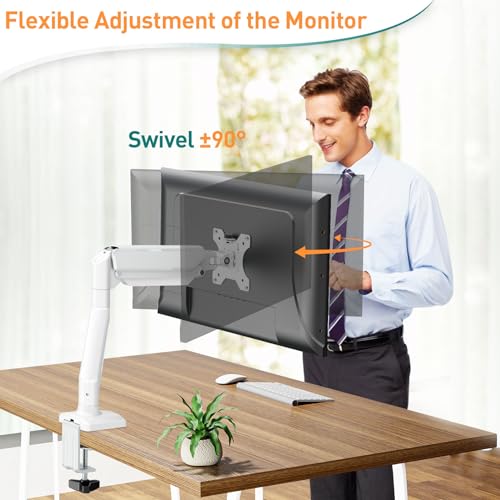 ELIVED 1 Monitor Halterung für 13-32 Bildschirme bis zu 9kg mit VESA 75/100mm, Gasdruckfeder PC Monitor Tischhatlerung, Neigbar, Schwenkbar, Drehbar, Höhenverstellbar Monitorhalterung Weiß EV004W