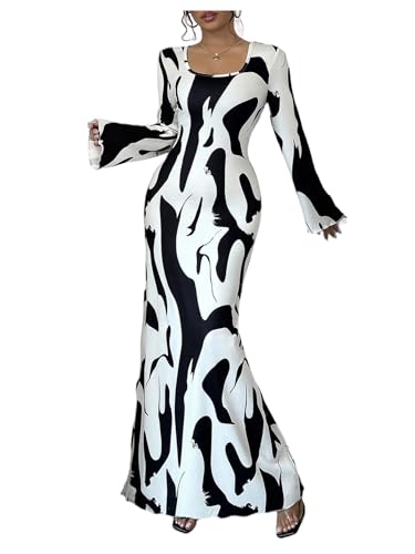Floerns Women's Graphic Bell Sleeve Long Dresses Square Neck Fishtail Evening Party Dresses