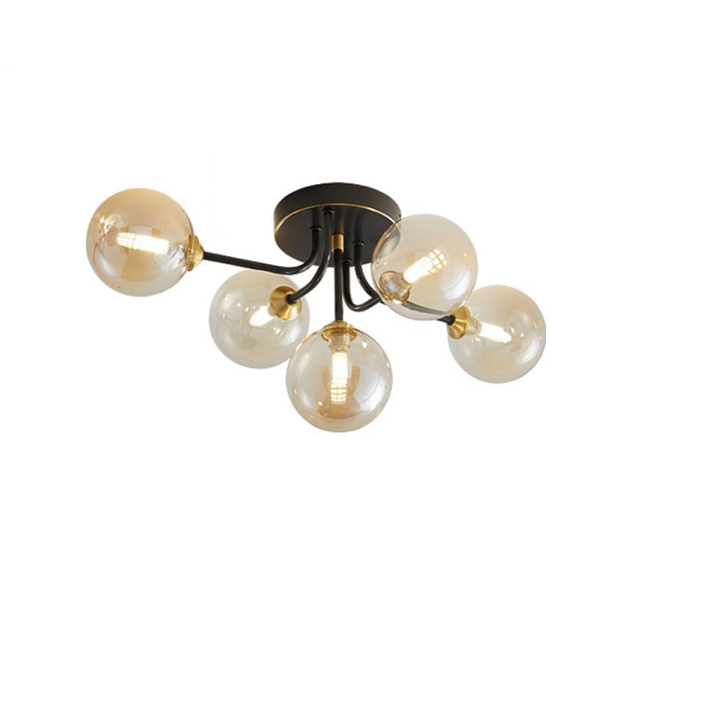 LYMSXAZOU Mid Century 5-Light White Glass Globe Ceiling Light Fixture - Vintage Semi Flush Mount Chandelier for Bathroom, Hallway, Living Room, and More(Amber C)