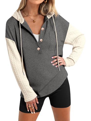 Glamaker Women's Oversized Button Down Cable Knit Hoodies Long Sleeve Patch Work Spliced Pullover Hooded Sweatshirts Dark Grey S