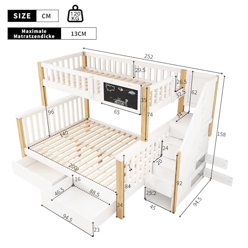 MQGPM Litera de 90 x 200 y 140 x 200 cm con espacio de almacenamiento y cajones, litera con somier y tablero, estructura de cama con espacio de almacenamiento y protección anticaídas, color madera - imagen 2