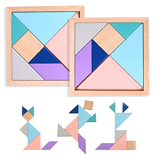 2PCS Juego Infantil-7 PCS Puzzle Tangram de Madera Desarrollo Intelectual-Formas geométricas y de Colores-Regalo Educativo Montessori para niños de 4 5 6 años