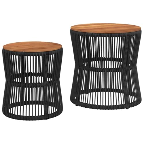 vidaXL Tables d'Appoint de Jardin Dessus en Bois 2 pcs, Tables Basses, Meubles de Terrasse Patio Extérieur, Moderne, Noir Résine Tressée