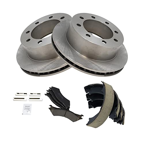 Image of TRQ Rear Brake Pad and Rotor Set Ceramic Parking Shoe Compatible with 1999-2002 Ford E-250 Econoline 2003-2004 E-250