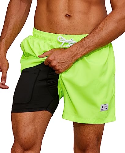 Mens Swim Trunks with Compression Liner Quick Dry Board Shorts 3.5'' Bathing Suits with Zipper Pockets