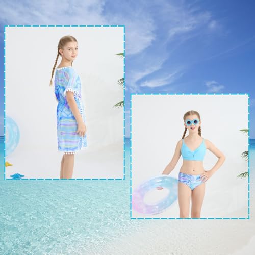 Image of Girls Swimsuit 3 Piece Bikini Set Cute Bathing Suit with Tropical Print Cover Up Girl Swimwear for 8-16 Years