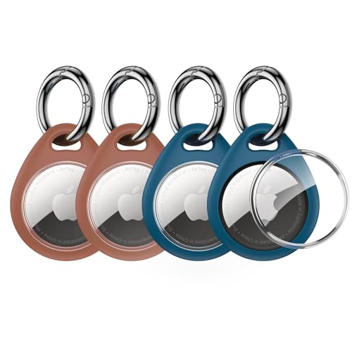 Image of UNBREAKcable Holder for Apple AirTag - 4 Pack [Fit Tightly Design] [Easy to Install] [Hold Air Tag Securely] Waterproof TPU Shell Protective Case with All Metal Keychain Key Ring Clip (Brown&Blue)