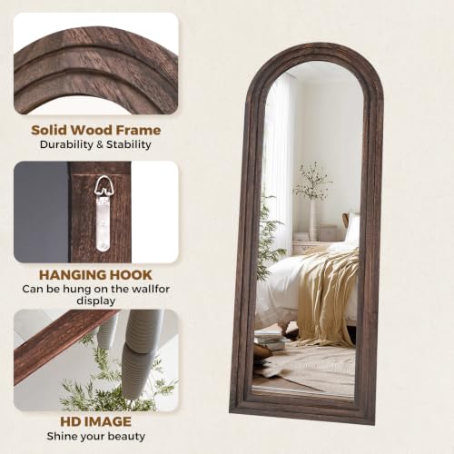 Image of 58x22 Arched Full Length Mirror, Solid Wood 3 Layer Frame, Brown
