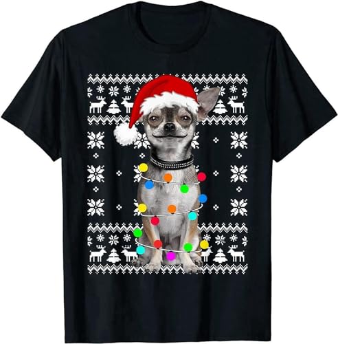 Chihuahua Dog Lights Ugly Sweater Puppy Santa Hat Christmas T-Shirt for Mens, Negro , XL