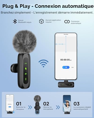 Micro cravate sans fil iPhone Android avec écran LED réduction du bruit lot de 2 - 3
