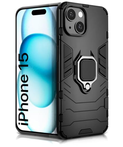Image of WOW IMAGINE Shock Proof Back Case Mobile Cover for Apple iPhone 15 | Back Cover Case (Tough Armor | Hybrid PC + TPU | Ring Holder & in-Built Kickstand | Black)