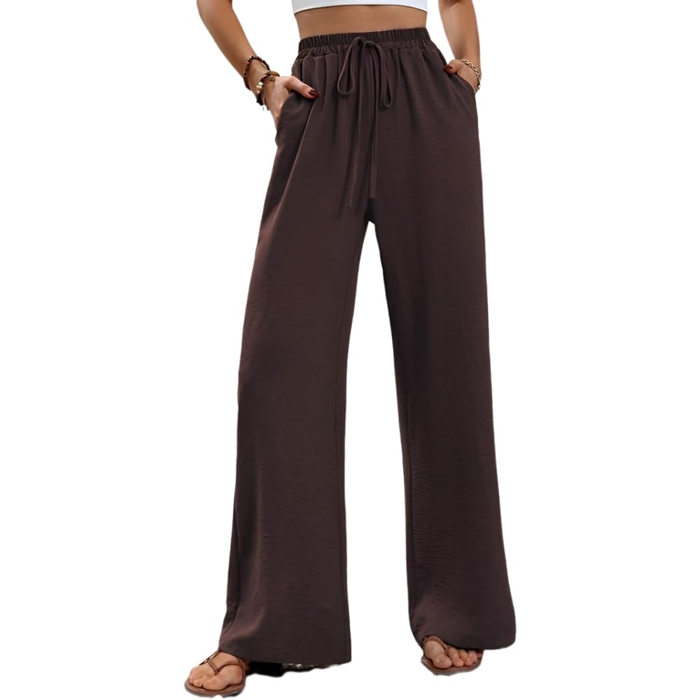 Womens Casual Elastic Waist Wide Leg Long Pants with Drawstring Spring Summer Stretchy Loose Trousers with Pockets X-Large