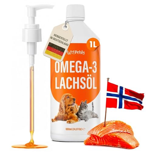 Lachsöl Hund & Katze aus Norwegen -1L- Omega 3 6 9 & Vitamin E - Salmon Oil for Dogs - Lachsöl Hunde & Katzen -inkl. Pumpe