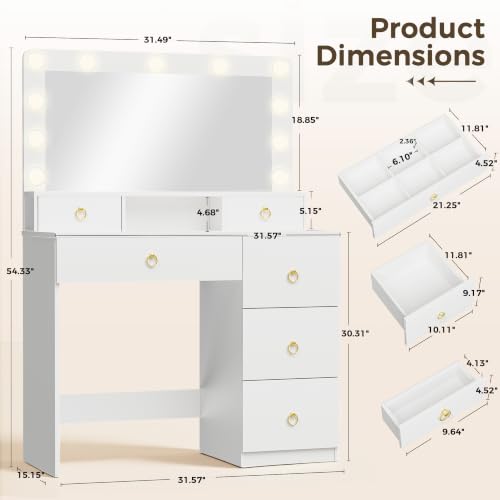 COMHOMA Makeup Vanity Desk with Mirror and Lights, Vanity Table with Divided Drawer and Storage Cabinet, 32In Full Size Mirror& Adjustable 3 Color Modes, Open Storage Shelf, White and Gold by COMHOMA - Used condition - Image 9