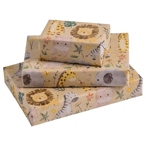 RUSPEPA Jungle Animals Wrapping Paper, Mini Roll, 17 Inches x 32.8 Feet, Kraft Wrapping Paper with Lion, Giraffe and Elephant Design Great for Birthday Party, Baby Shower and More Cover