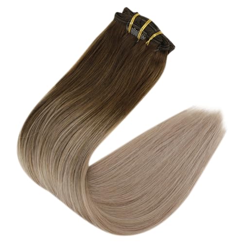 Image of Full Shine Clip in Real Hair Extensions, Medium Brown to Blonde, 18 Inch | Clip in Extensions Real Human Hair, Natural Blend, Adds Length, Silky Straight, Daily Styling, Heat Friendly, 120g 7 Pcs