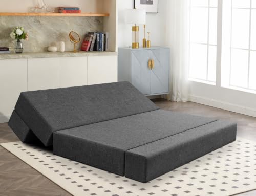 Image of Los Angeles Foldable Three Seater Sofa Cum Bed, Sofa Bed 5 X 6 Feet Jute Fabric Washable Cover Including 3 Cushion Perfect for Living Room - Black Color