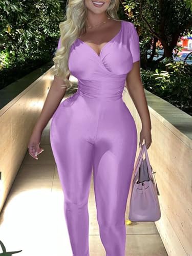 Sexy 2 Piece Outfits for Women Short Sleeve Tops Bodycon Flared Pant Summer Party Sets Light Purple M