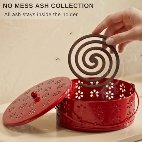 Image of DSH Metal Mosquito Coil Holder with Lid & Handle Ash Catcher Stand for Mosquito Coil Indoor Outdoor Safe Use (Red)