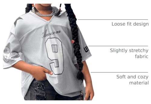 Image of RoseSeek Girl's Oversized T Shirts Letter Number Mesh Jersey Tops Short Sleeve V Neck Drop Shoulder Tees