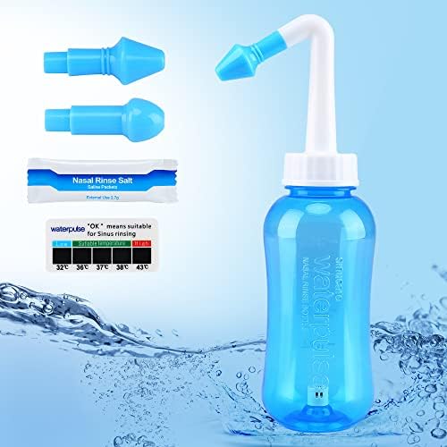 Neti Pot Sinus Rinse Bottle Nasal Wash Bottle Nose Wash Cleaner Pressure Rinse Nasal Irrigation for Adult & Kid BPA Free 300ml with 30 Nasal Wash Salt Packets and Sticker Thermometer