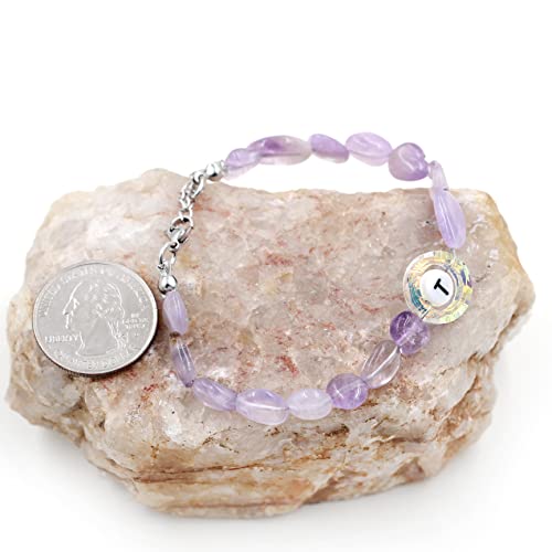 Image of Uloveido Purple Natural Stone and Austrian Crystal Letter Bracelet, Personalized Initial Jewelry for Women A-Z 26 Letters