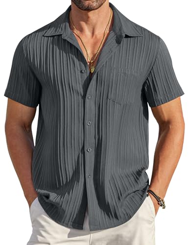 COOFANDY Men's Vacation Shirts - Short Sleeve Casual Button Down Summer Beach Wedding Shirts - Dark Grey