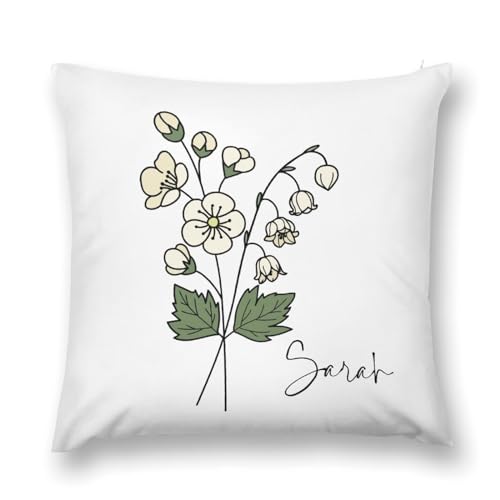 Custom Birth Flower Throw Pillow Cover with Name Soft Velvet Decorative 18"x18" Cushion Cases Personalized Birth Month Flower Gift for Her, May_Lily of The Valley, Hawthorn