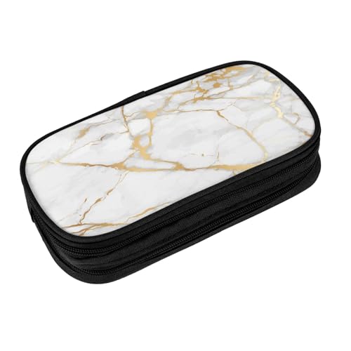 Image of Perinsto Golden And White Marble Print Pencil Case Big Capacity Multi Compartment Stationery Box Pencil Pouch Holder Desk Organizer For School Office Home