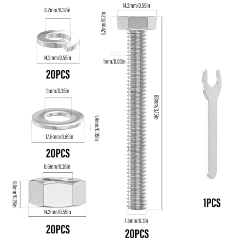 Image of 20PCS 5 /16-18 inch x 3 inch 304 Stainless Steel External Hex Bolt, Fully Threaded Bolt with Nut Flat & Lock Washers and Spanner