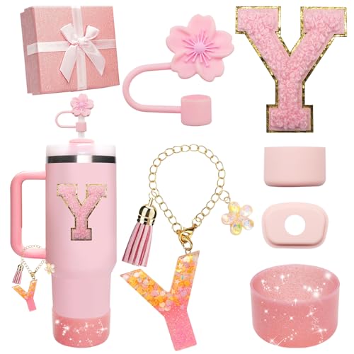 Miglaja Pink Accessories for Stanley Cup 30OZ 40OZ, All Accessories Gift Box Contain Flower Straw Topper, Sillicone Boot, Letter Stickers and Pendants,Spill Stopper Set (Pink Y)