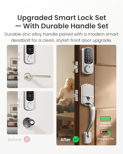 Image of DESLOC B200 Fingerprint Front Door Lock Set with Durable Handleset, Keyless Entry Deadbolt, Electronic Keypad, App Control, Easy Installation, Designed for a Modern and Stylish DESLOC Home, Silver