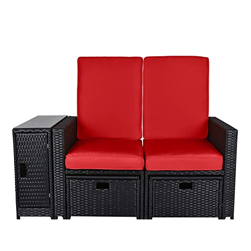 5Pcs Outdoor Wicker Chaise Lounge Chair - Rattan Adjustable Reclining Patio Lounge Chair With Ottoman And Coffee Table, For Patio Beach Pool Backyard (Black Wicker Red Cushion) #TOP1