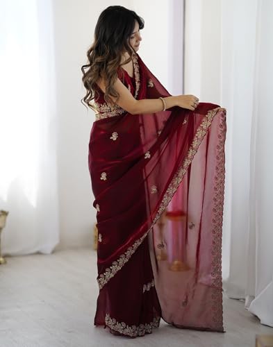 Image of SIRIL Women's Tissue Silk Sequence Embroidery Saree with Unstitched Blouse Piece
