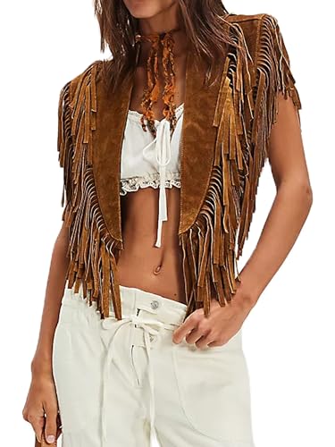Women Tassel Vest Y2K Sleeveless Fringe Wide Eyes Suede Collar Shawl Open Front Boho Western Jacket Cardigan