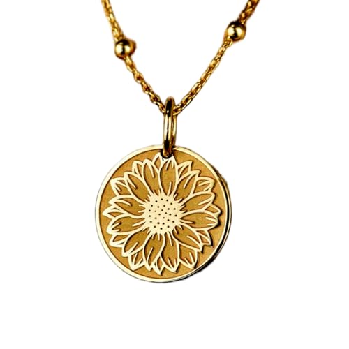 Collier pendentif pièce gravée tournesol 24mm argent sterling plaqué or chaîne 45,7cm