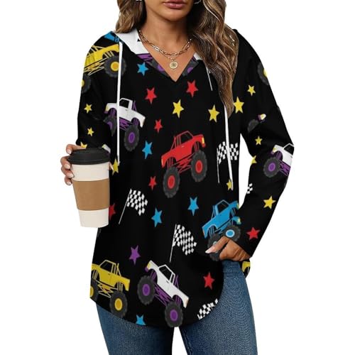 Womens Bodysuit Race Monster Truck T Shirts Long Sleeve Hoodie V Neck Pullover Tops, 2026
