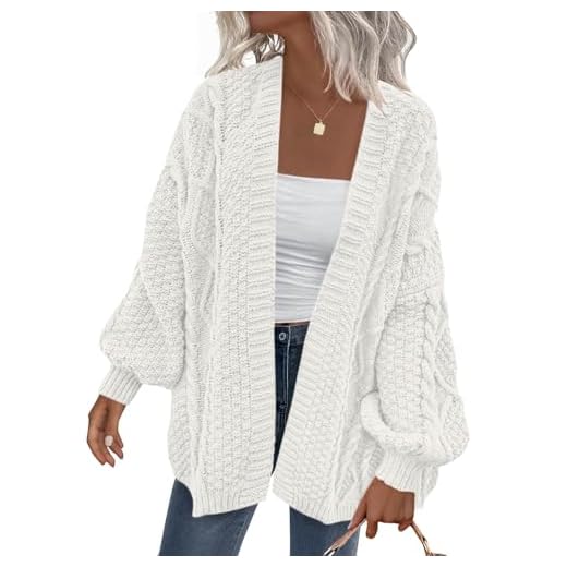 PRETTYGARDEN Women's Cable Knit Open Front Fall Sweater Lantern Long Sleeve Chunky Cardigan Sweaters Trendy Outerwear Coats (White, XX-Large)