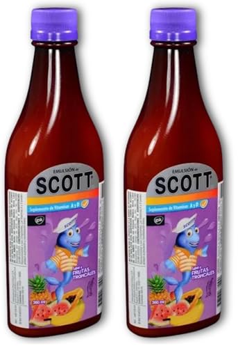 YAHVE - Emulsion de Scott - Sabor Frutas Tropicales (tropical fruit) (360 ml - 12.17 Fl Oz) - Aceite de hígado de bacalao - con vitamina A y Calcio, suplemento dietético para niños. (Pack of 2)